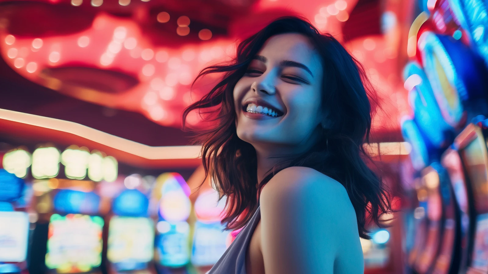 Uma mulher jovem de cabelo escuro sorrindo radiantemente com os olhos fechados, em um cassino. O ambiente é iluminado por luzes de neon vibrantes, com tons de vermelho ao fundo e azul sobre ela, e fileiras de caça-níqueis desfocadas.