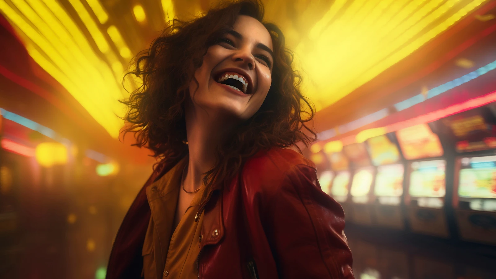 Uma jovem de cabelos cacheados e jaqueta de couro vermelha ri com alegria em um fliperama iluminado por luzes de neon amarelas.