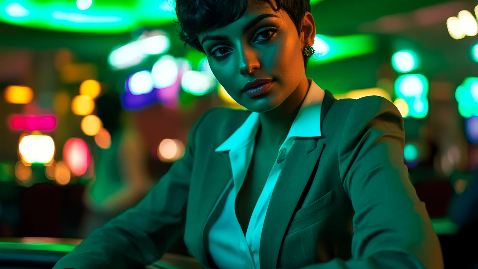 Retrato de uma mulher jovem de cabelo curto, vestindo um blazer, em um ambiente noturno com luzes de neon verdes e coloridas ao fundo. Ela olha diretamente para a câmera com uma expressão séria e confiante.