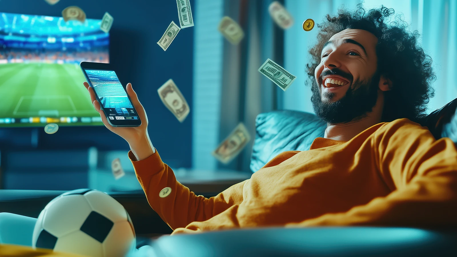 Homem feliz comemora ganho em aposta esportiva online enquanto assiste futebol.